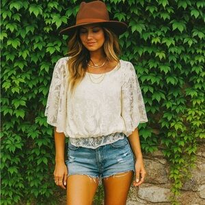 FREE PEOPLE Cream Lace Overlay Batwing Blouse, S